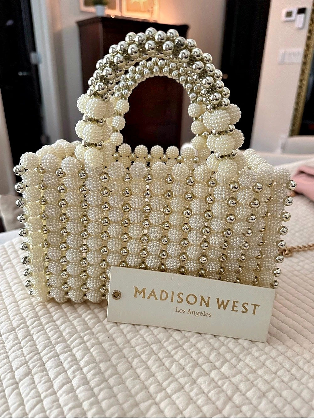 Madison West Beaded Mini Tote Bag in White & Silver